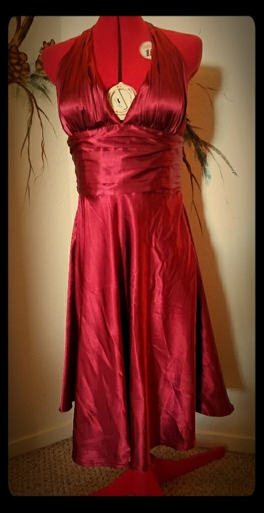 Burgundy satin halter dress